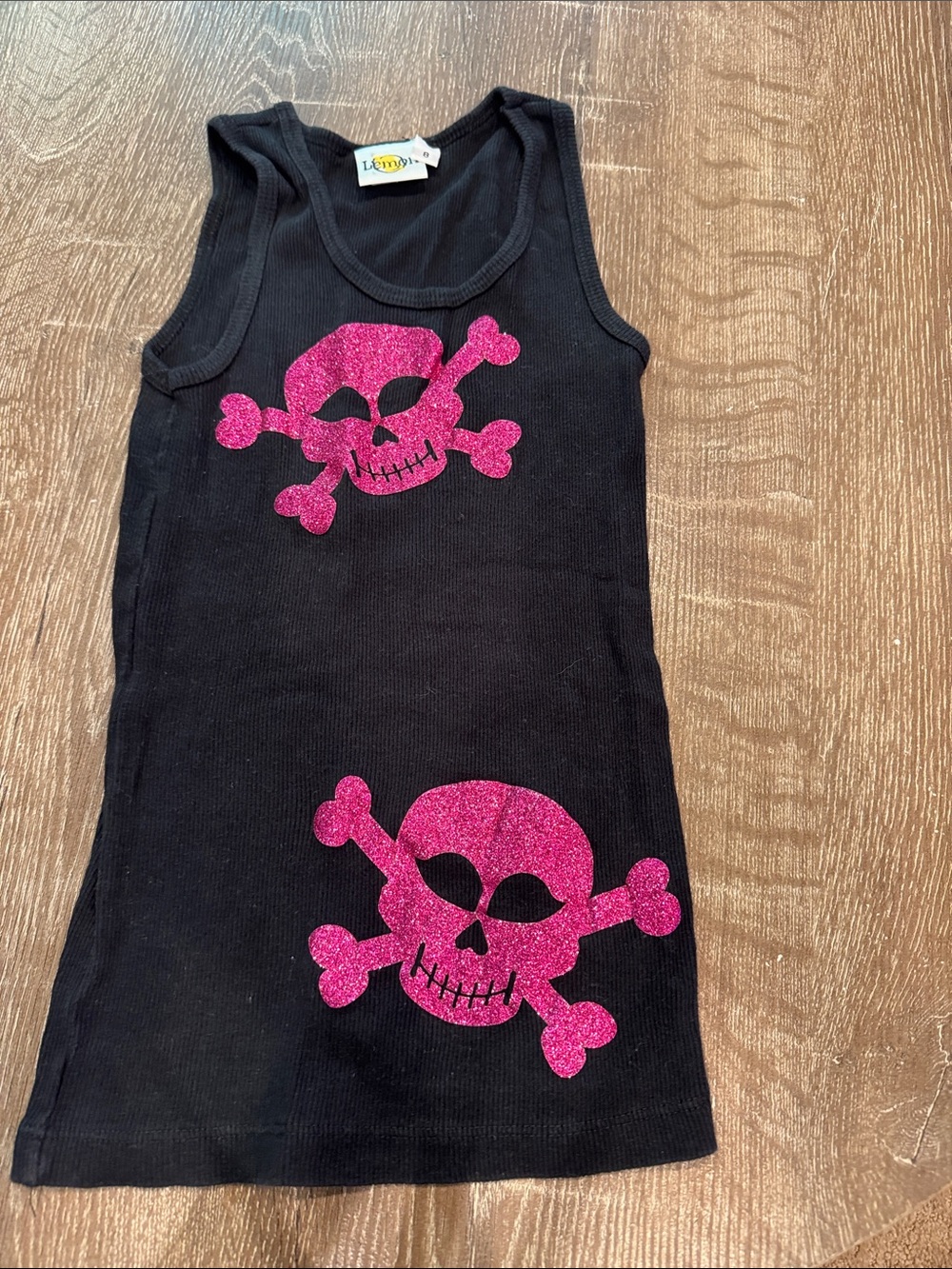 Lemon Black Tank Top with Pink Glitter Skull Motifs